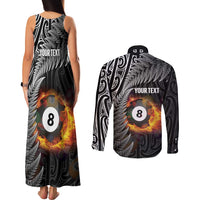 Personalised New Zealand Billiards Couples Matching Tank Maxi Dress and Long Sleeve Button Shirt Maori Fern On Fire 8 Ball - Polynesian Pride