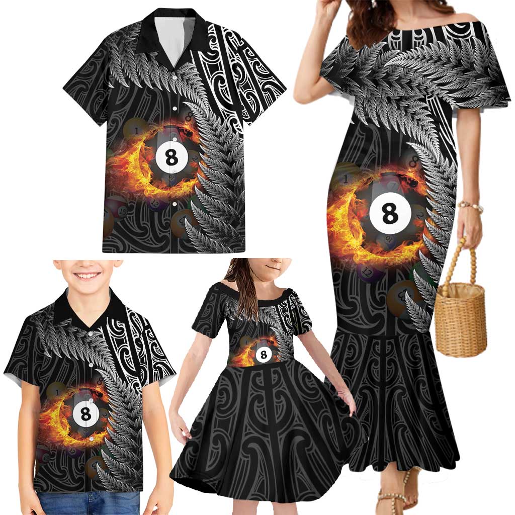 Personalised New Zealand Billiards Family Matching Mermaid Dress and Hawaiian Shirt Maori Fern On Fire 8 Ball - Polynesian Pride