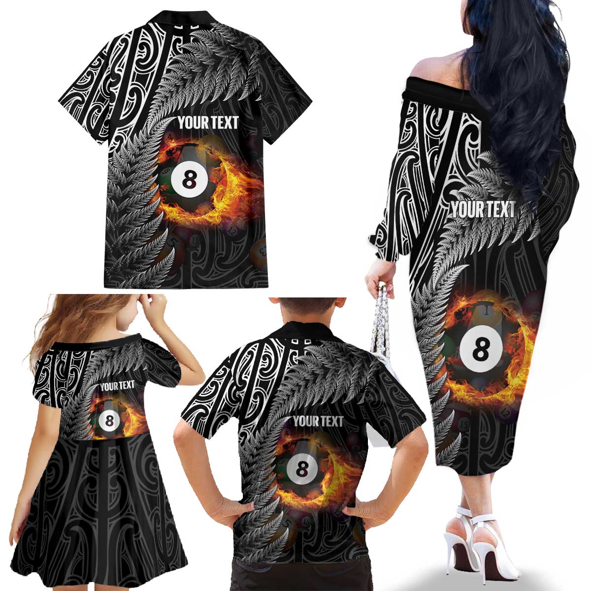 Personalised New Zealand Billiards Family Matching Off The Shoulder Long Sleeve Dress and Hawaiian Shirt Maori Fern On Fire 8 Ball - Polynesian Pride