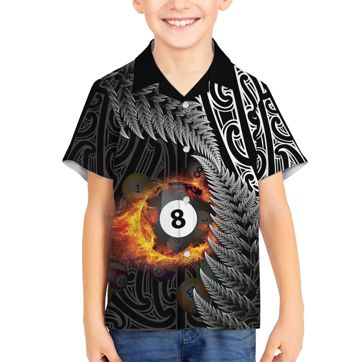 Personalised New Zealand Billiards Family Matching Off The Shoulder Long Sleeve Dress and Hawaiian Shirt Maori Fern On Fire 8 Ball - Polynesian Pride