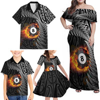 Personalised New Zealand Billiards Family Matching Off Shoulder Maxi Dress and Hawaiian Shirt Maori Fern On Fire 8 Ball - Polynesian Pride
