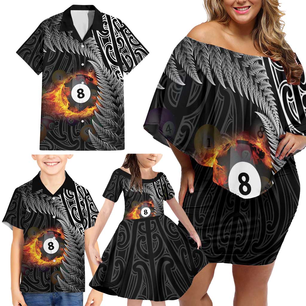 Personalised New Zealand Billiards Family Matching Off Shoulder Short Dress and Hawaiian Shirt Maori Fern On Fire 8 Ball - Polynesian Pride