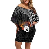 Personalised New Zealand Billiards Family Matching Off Shoulder Short Dress and Hawaiian Shirt Maori Fern On Fire 8 Ball - Polynesian Pride