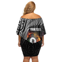 Personalised New Zealand Billiards Family Matching Off Shoulder Short Dress and Hawaiian Shirt Maori Fern On Fire 8 Ball - Polynesian Pride