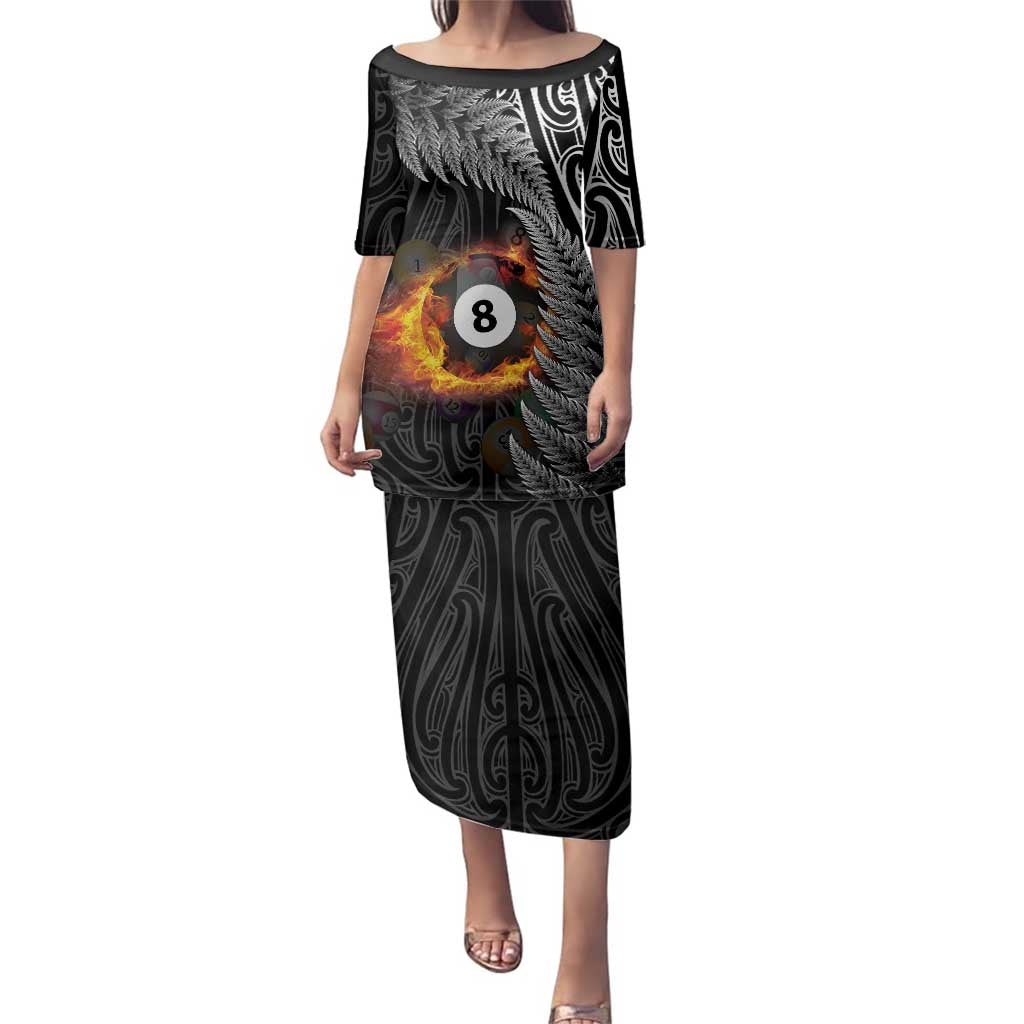 Personalised New Zealand Billiards Family Matching Puletasi and Hawaiian Shirt Maori Fern On Fire 8 Ball - Polynesian Pride