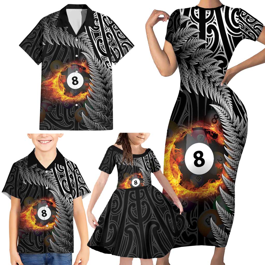 Personalised New Zealand Billiards Family Matching Short Sleeve Bodycon Dress and Hawaiian Shirt Maori Fern On Fire 8 Ball - Polynesian Pride