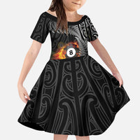 Personalised New Zealand Billiards Kid Short Sleeve Dress Maori Fern On Fire 8 Ball - Polynesian Pride