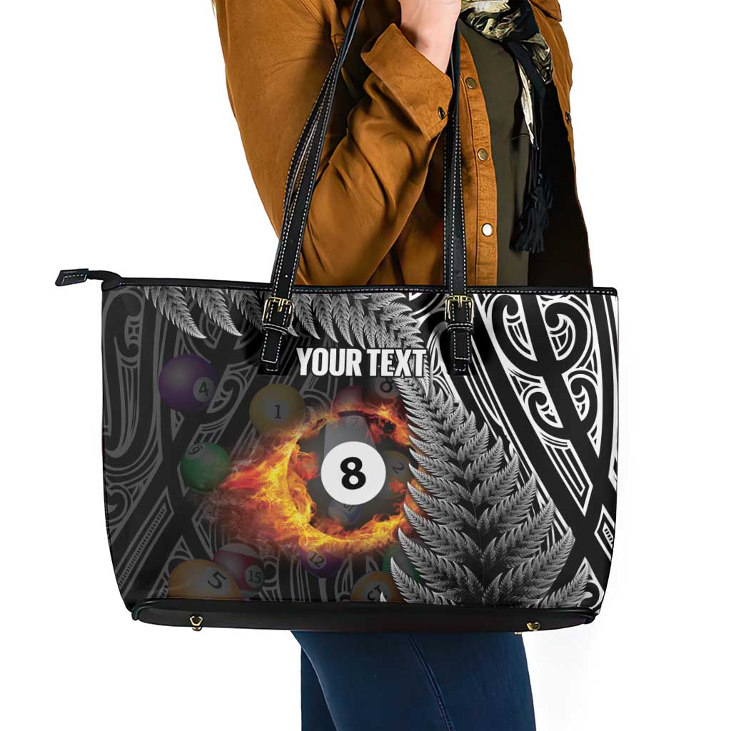 Personalised New Zealand Billiards Leather Tote Bag Maori Fern On Fire 8 Ball - Polynesian Pride