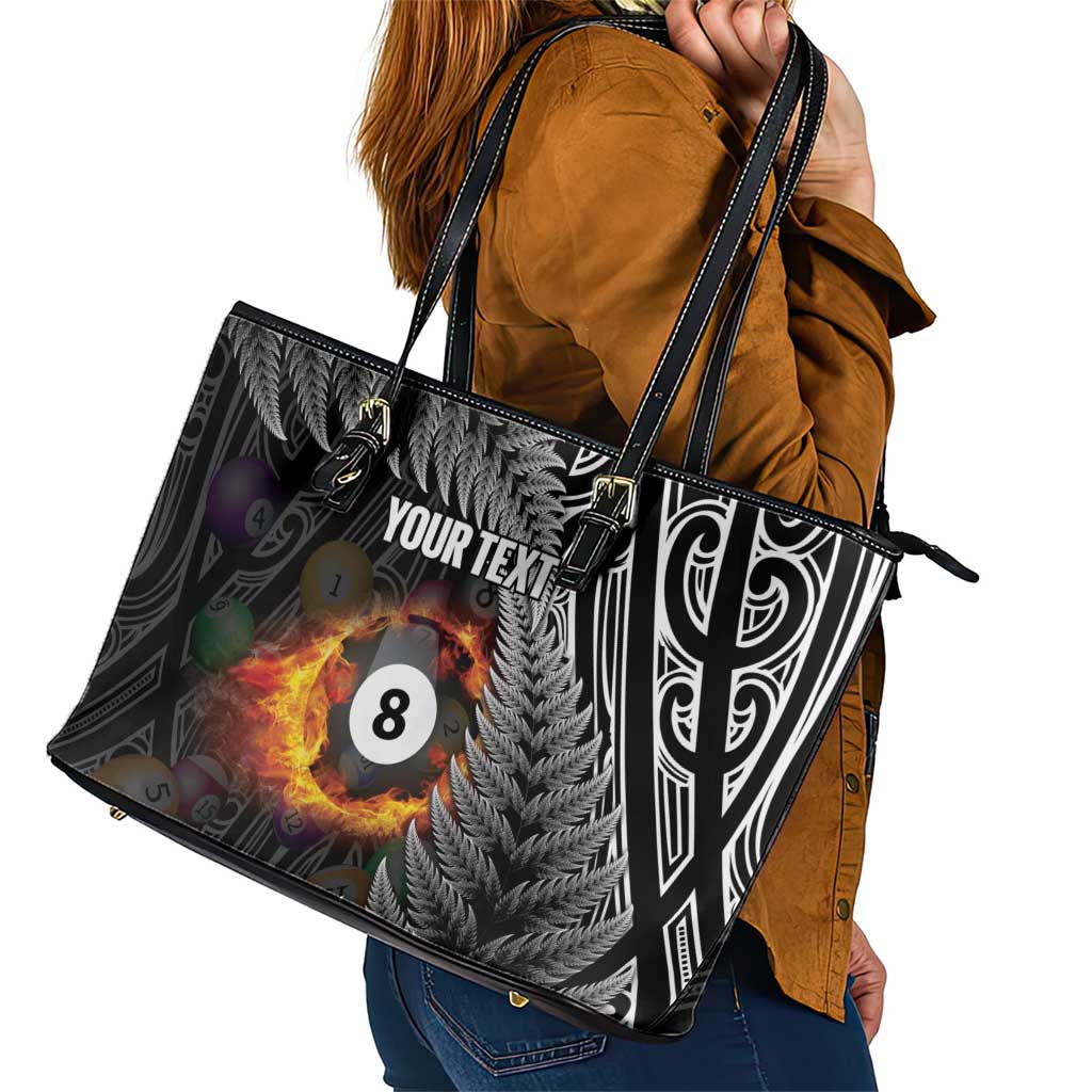 Personalised New Zealand Billiards Leather Tote Bag Maori Fern On Fire 8 Ball - Polynesian Pride
