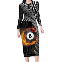 Personalised New Zealand Billiards Long Sleeve Bodycon Dress Maori Fern On Fire 8 Ball - Polynesian Pride