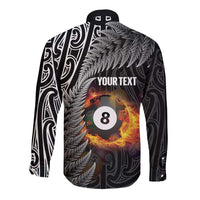 Personalised New Zealand Billiards Long Sleeve Button Shirt Maori Fern On Fire 8 Ball - Polynesian Pride