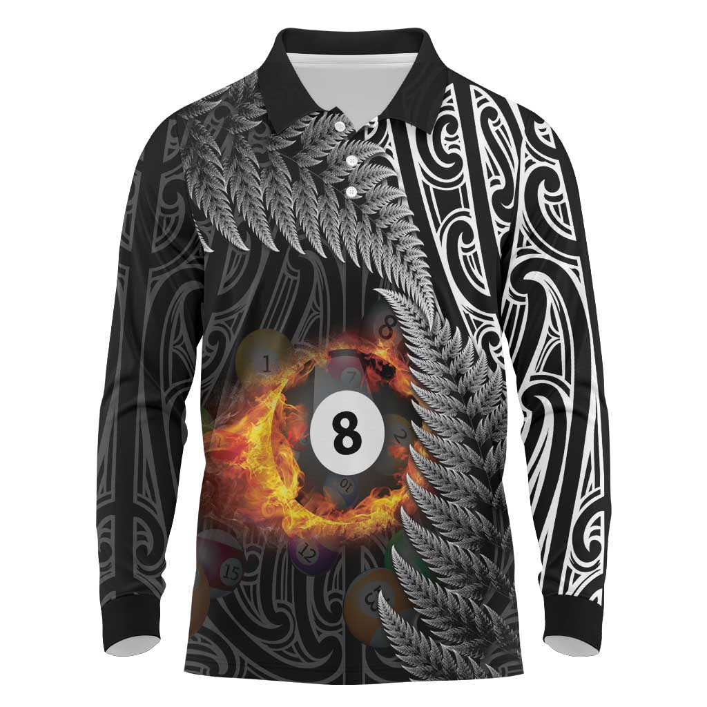 Personalised New Zealand Billiards Long Sleeve Polo Shirt Maori Fern On Fire 8 Ball - Polynesian Pride