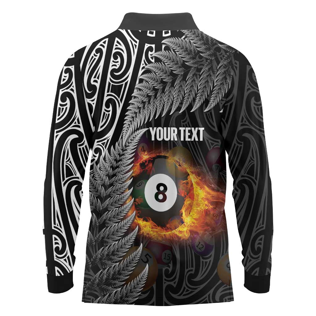 Personalised New Zealand Billiards Long Sleeve Polo Shirt Maori Fern On Fire 8 Ball - Polynesian Pride