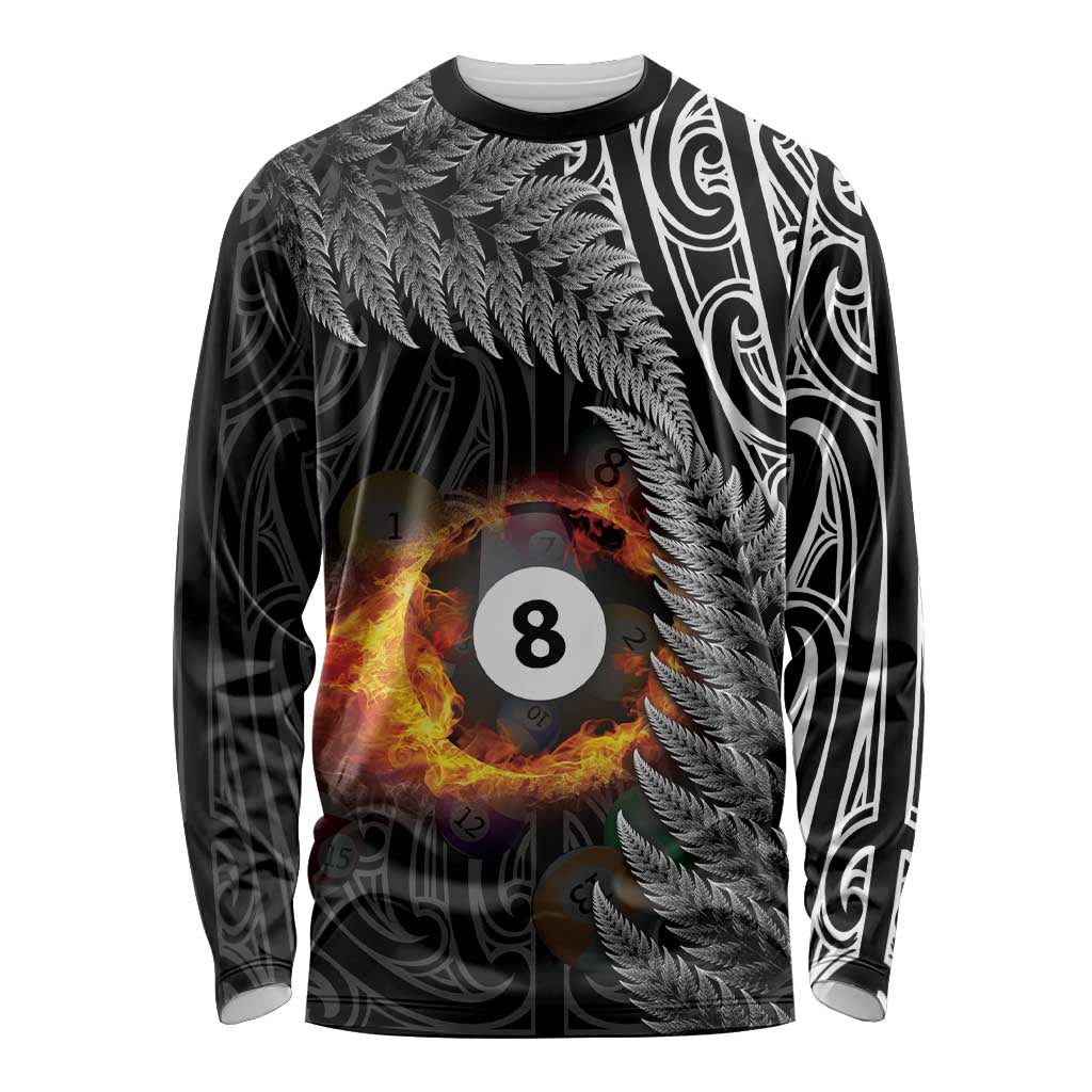 Personalised New Zealand Billiards Long Sleeve Shirt Maori Fern On Fire 8 Ball - Polynesian Pride