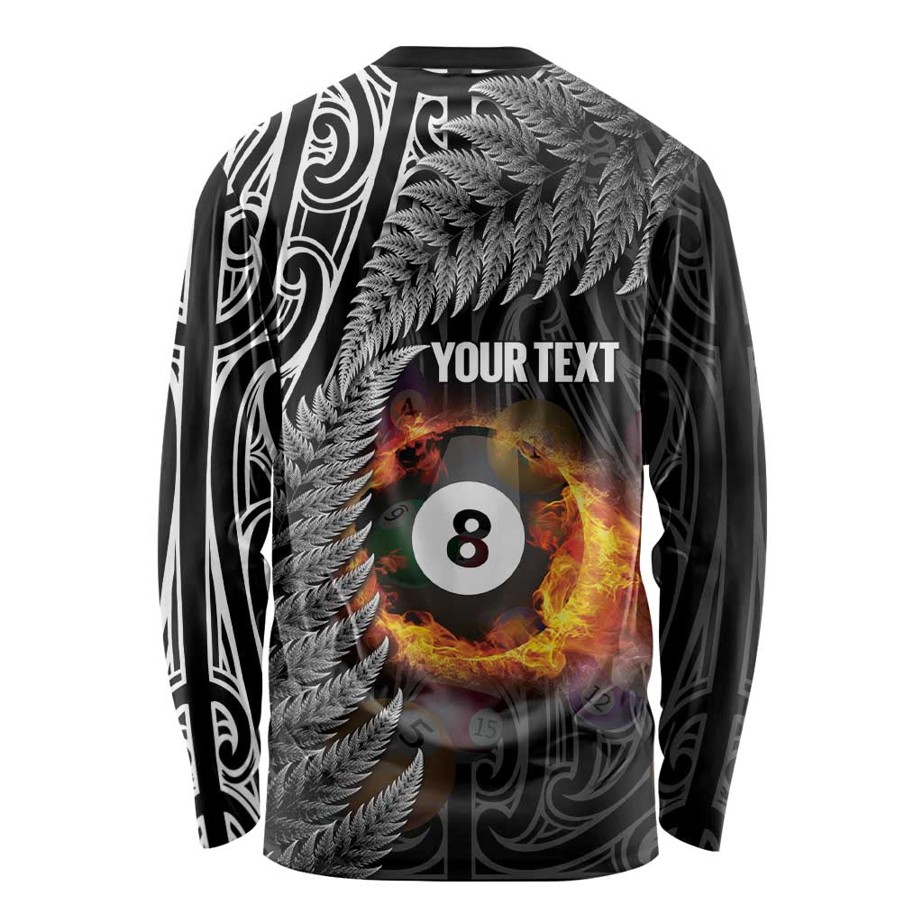 Personalised New Zealand Billiards Long Sleeve Shirt Maori Fern On Fire 8 Ball - Polynesian Pride