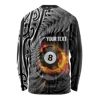 Personalised New Zealand Billiards Long Sleeve Shirt Maori Fern On Fire 8 Ball - Polynesian Pride