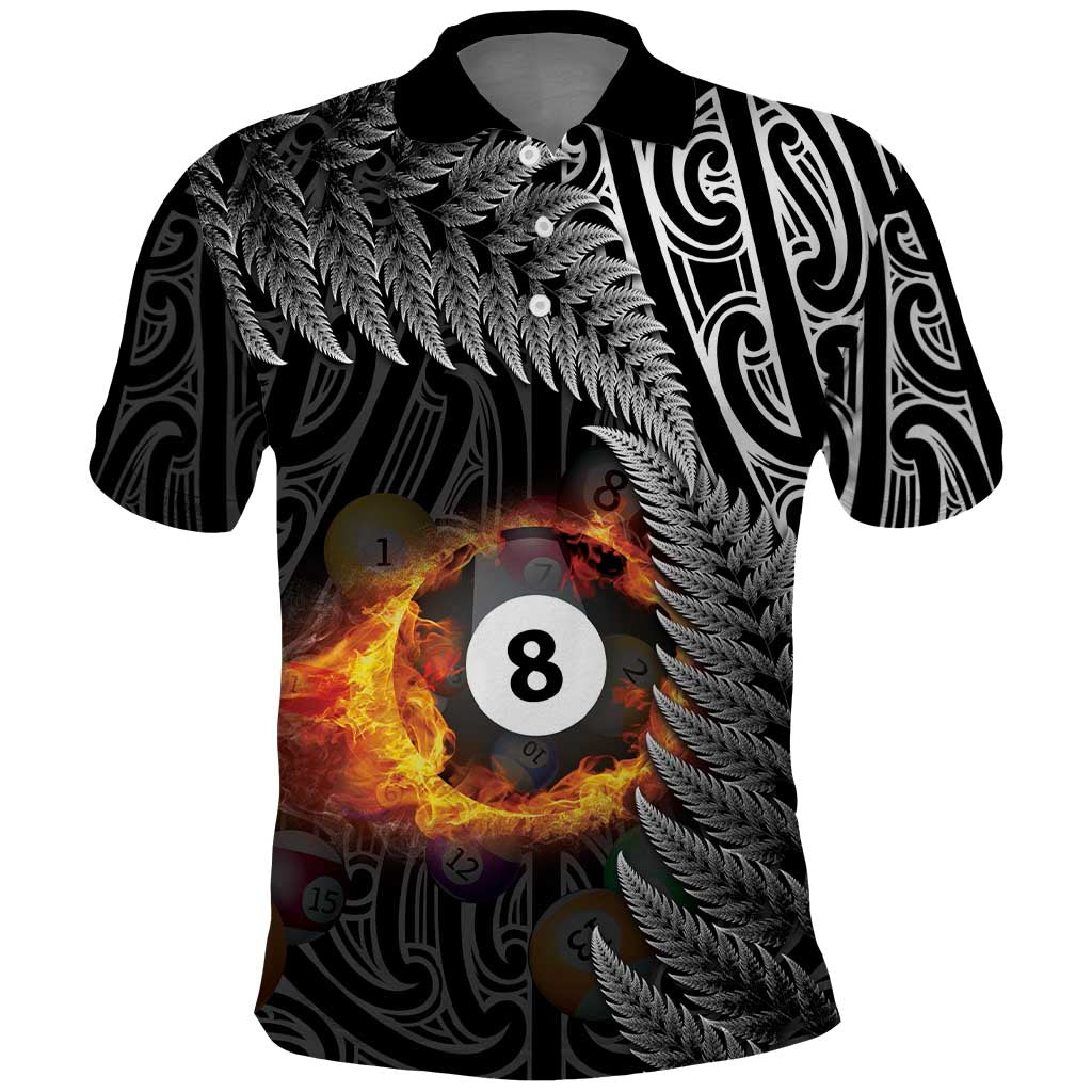 Personalised New Zealand Billiards Polo Shirt Maori Fern On Fire 8 Ball - Polynesian Pride