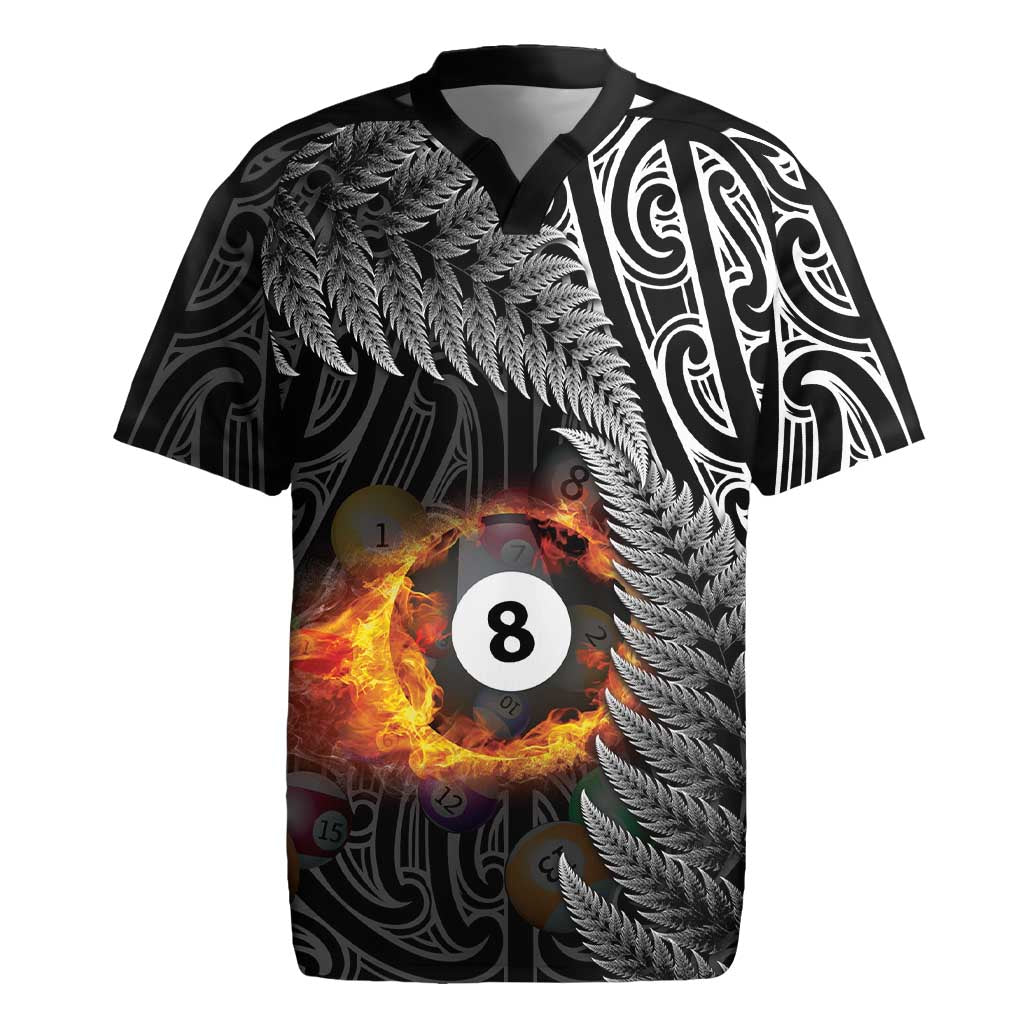 Personalised New Zealand Billiards Rugby Jersey Maori Fern On Fire 8 Ball LT14 Black - Polynesian Pride