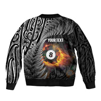 Personalised New Zealand Billiards Sleeve Zip Bomber Jacket Maori Fern On Fire 8 Ball - Polynesian Pride