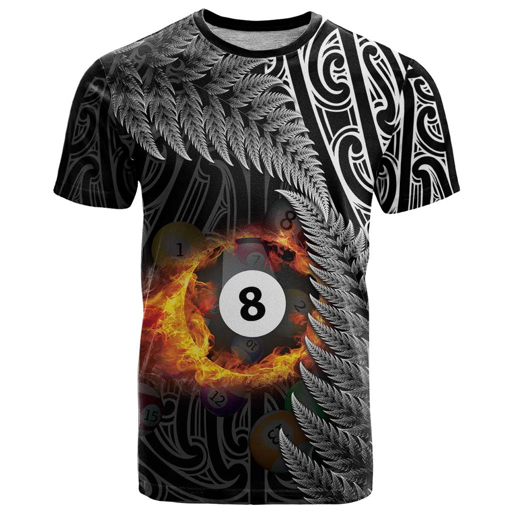 Personalised New Zealand Billiards T Shirt Maori Fern On Fire 8 Ball - Polynesian Pride