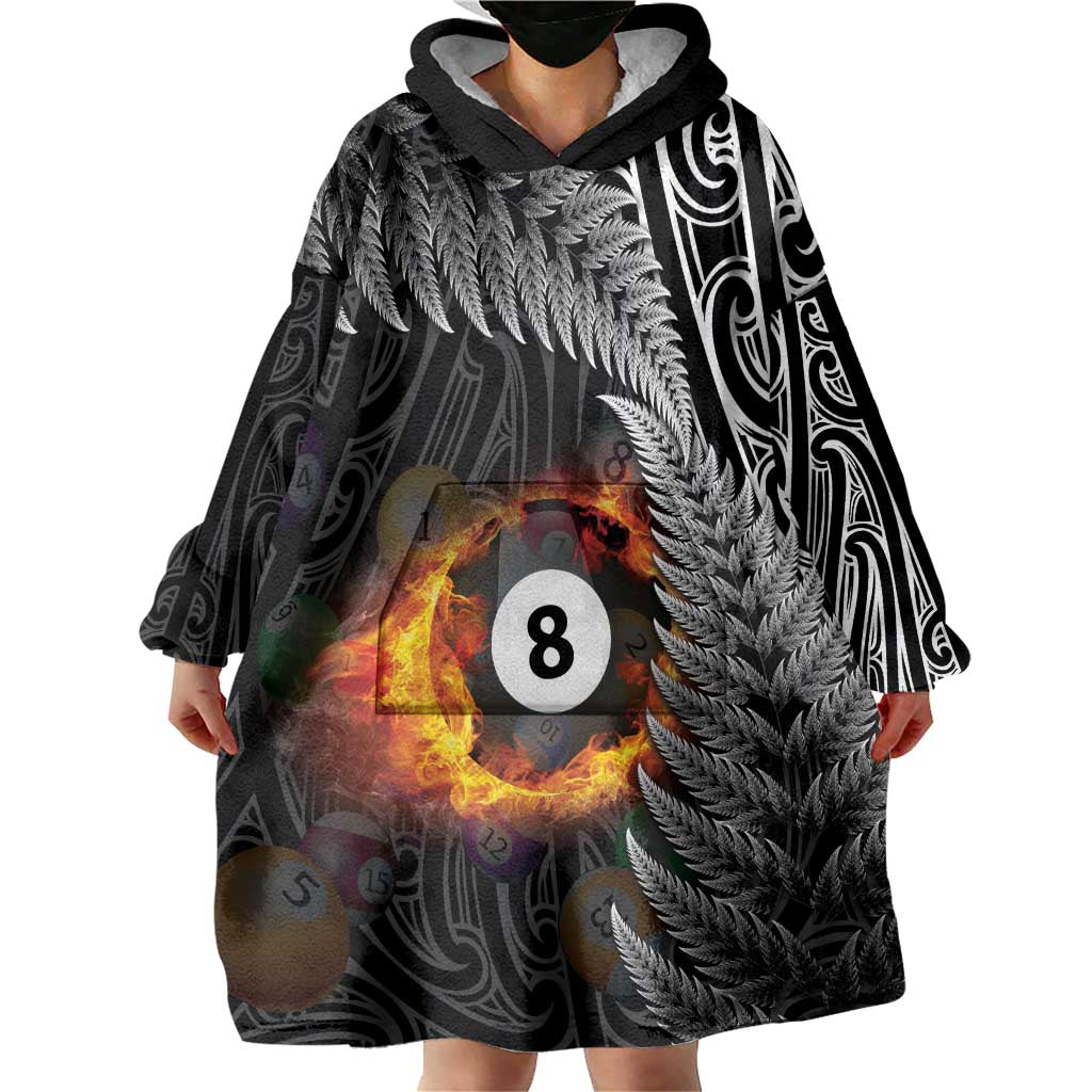 Personalised New Zealand Billiards Wearable Blanket Hoodie Maori Fern On Fire 8 Ball - Polynesian Pride