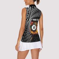 Personalised New Zealand Billiards Women Sleeveless Polo Shirt Maori Fern On Fire 8 Ball - Polynesian Pride