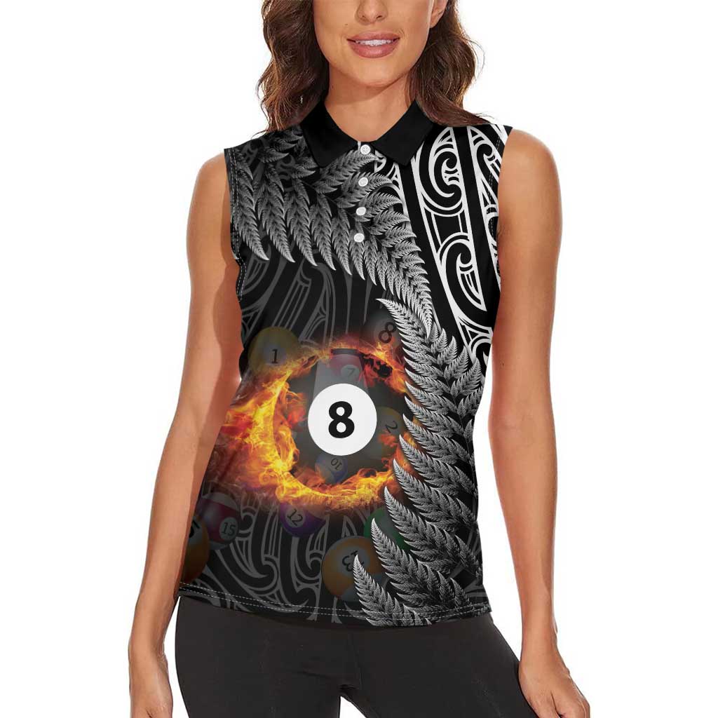 Personalised New Zealand Billiards Women Sleeveless Polo Shirt Maori Fern On Fire 8 Ball - Polynesian Pride
