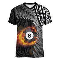 Personalised New Zealand Billiards Women V-Neck T-Shirt Maori Fern On Fire 8 Ball - Polynesian Pride