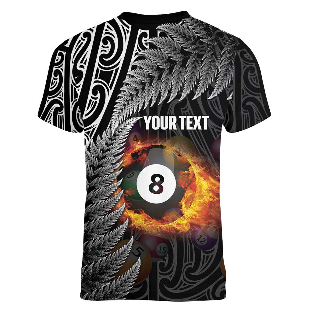 Personalised New Zealand Billiards Women V-Neck T-Shirt Maori Fern On Fire 8 Ball - Polynesian Pride