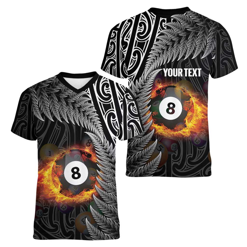 Personalised New Zealand Billiards Women V-Neck T-Shirt Maori Fern On Fire 8 Ball - Polynesian Pride