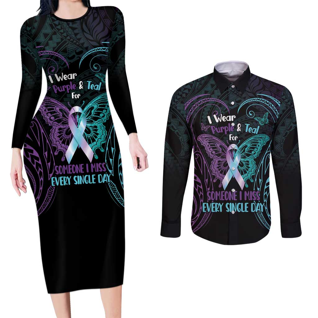 Suicide Awareness Memorial Couples Matching Long Sleeve Bodycon Dress and Long Sleeve Button Shirt I Wear Purple and Teal For Someone I Miss - Polynesian Pride