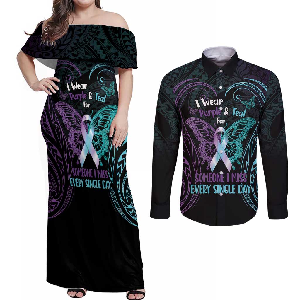 Suicide Awareness Memorial Couples Matching Off Shoulder Maxi Dress and Long Sleeve Button Shirt I Wear Purple and Teal For Someone I Miss - Polynesian Pride