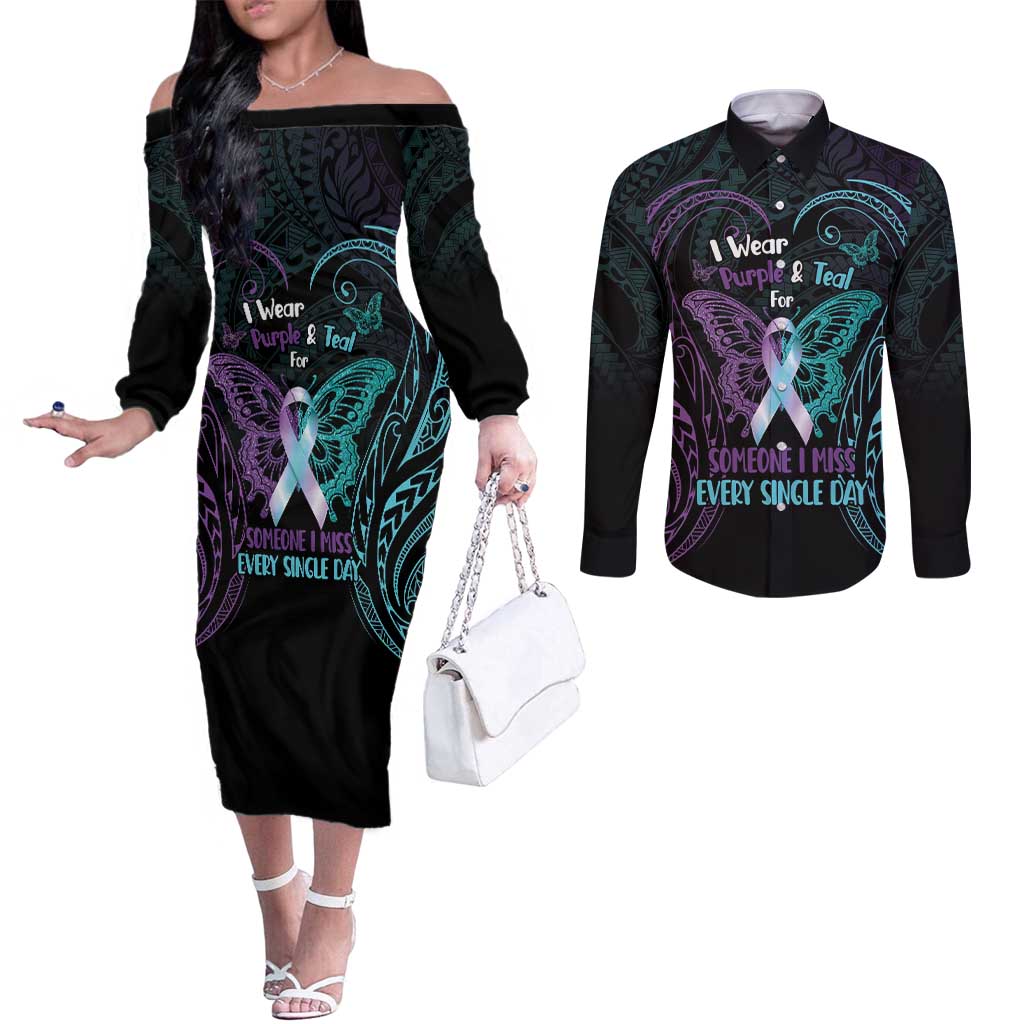 Suicide Awareness Memorial Couples Matching Off The Shoulder Long Sleeve Dress and Long Sleeve Button Shirt I Wear Purple and Teal For Someone I Miss - Polynesian Pride