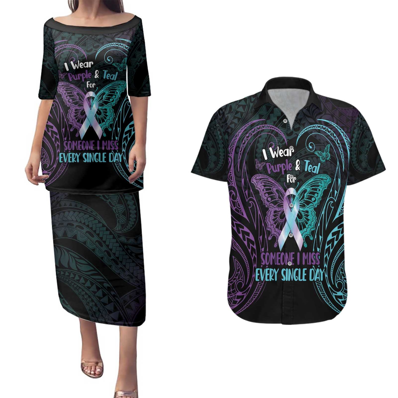 Suicide Awareness Memorial Couples Matching Puletasi and Hawaiian Shirt I Wear Purple and Teal For Someone I Miss - Polynesian Pride