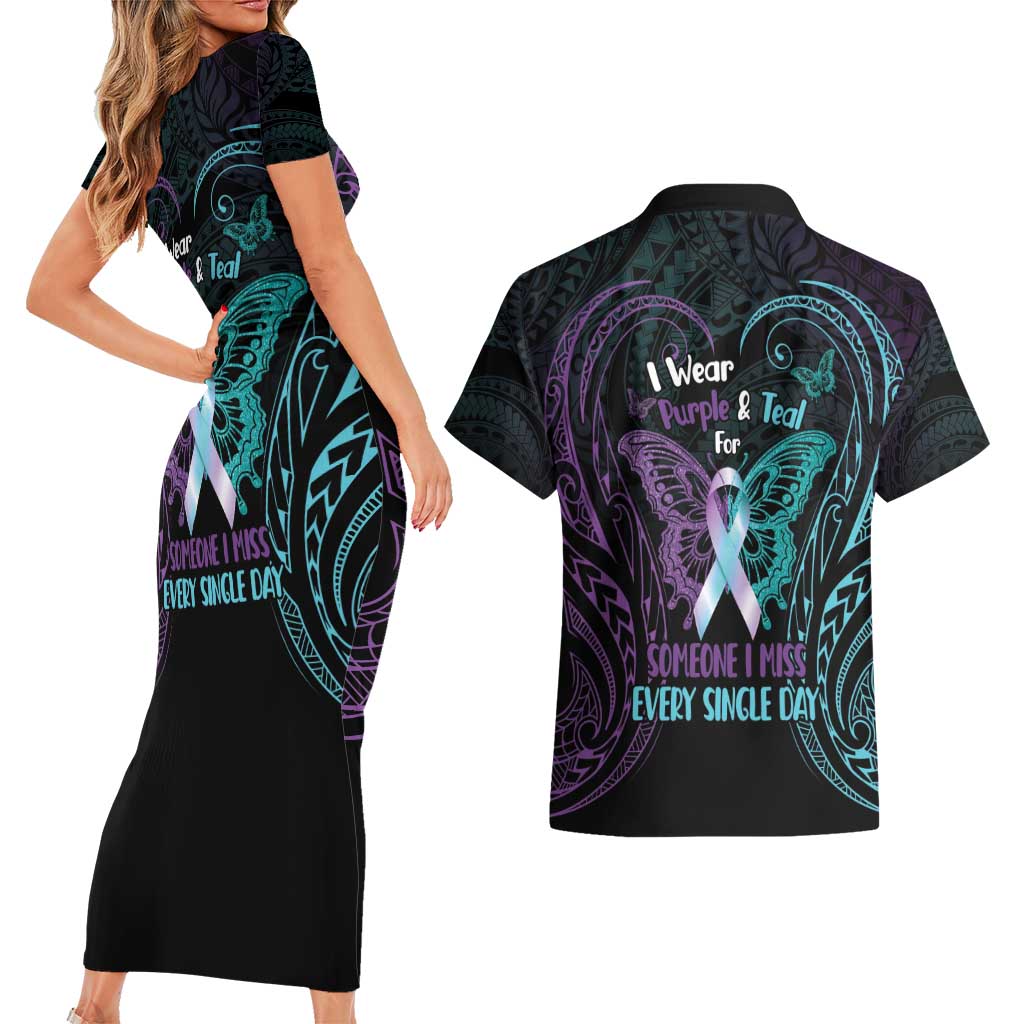 Suicide Awareness Memorial Couples Matching Short Sleeve Bodycon Dress and Hawaiian Shirt I Wear Purple and Teal For Someone I Miss - Polynesian Pride