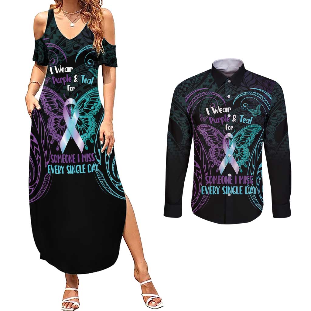 Suicide Awareness Memorial Couples Matching Summer Maxi Dress and Long Sleeve Button Shirt I Wear Purple and Teal For Someone I Miss - Polynesian Pride