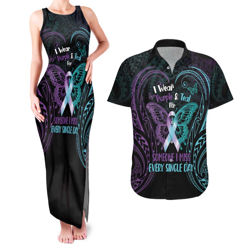 Suicide Awareness Memorial Couples Matching Tank Maxi Dress and Hawaiian Shirt I Wear Purple and Teal For Someone I Miss - Polynesian Pride