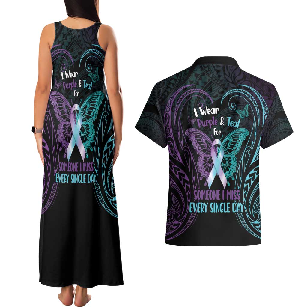 Suicide Awareness Memorial Couples Matching Tank Maxi Dress and Hawaiian Shirt I Wear Purple and Teal For Someone I Miss - Polynesian Pride