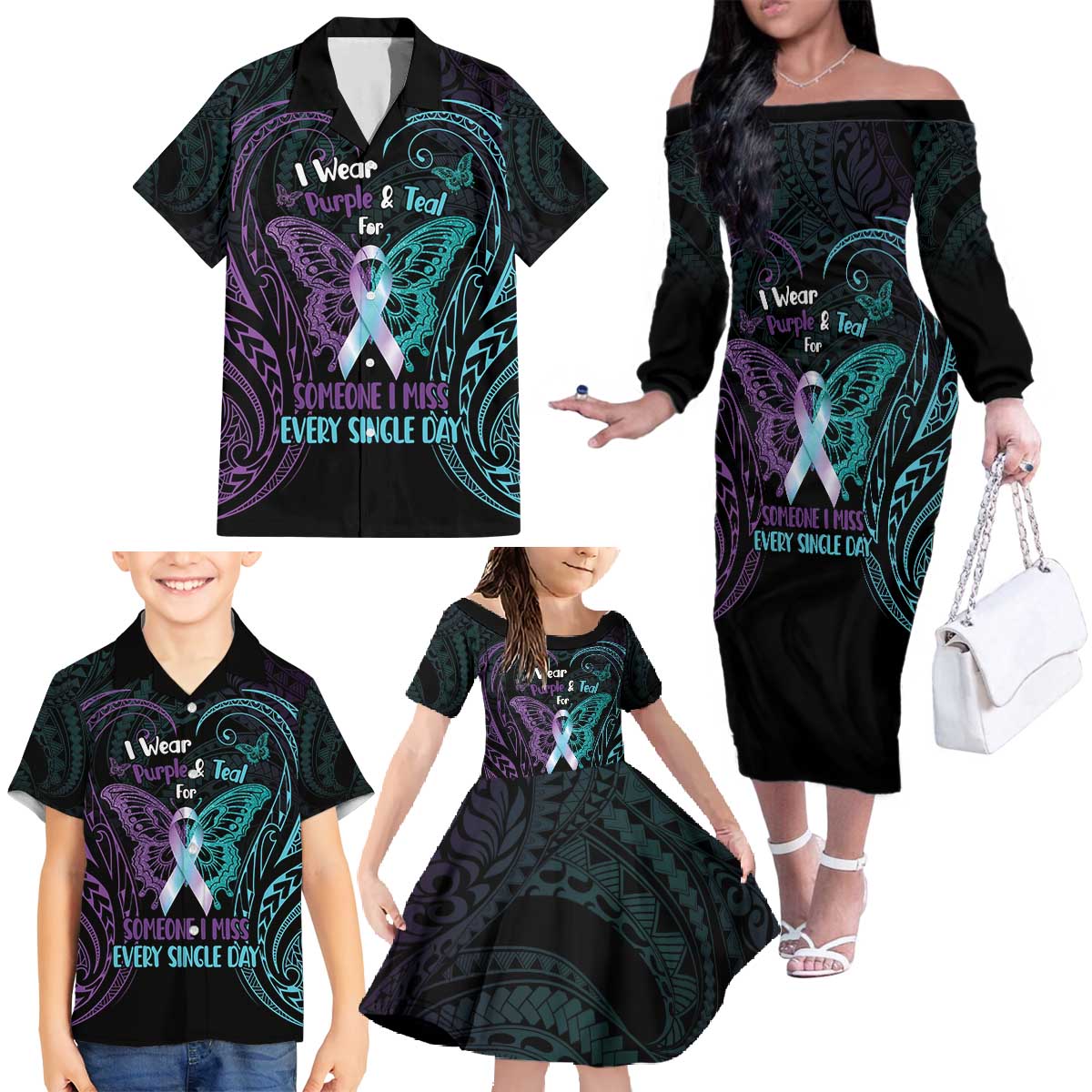 Suicide Awareness Memorial Family Matching Off The Shoulder Long Sleeve Dress and Hawaiian Shirt I Wear Purple and Teal For Someone I Miss - Polynesian Pride