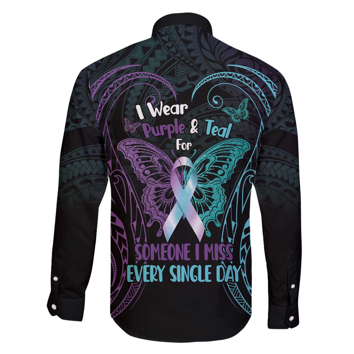 Suicide Awareness Memorial Family Matching Off The Shoulder Long Sleeve Dress and Hawaiian Shirt I Wear Purple and Teal For Someone I Miss - Polynesian Pride