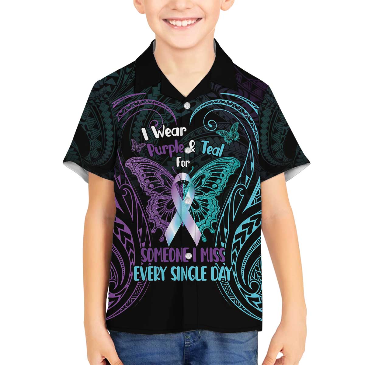 Suicide Awareness Memorial Family Matching Off The Shoulder Long Sleeve Dress and Hawaiian Shirt I Wear Purple and Teal For Someone I Miss - Polynesian Pride