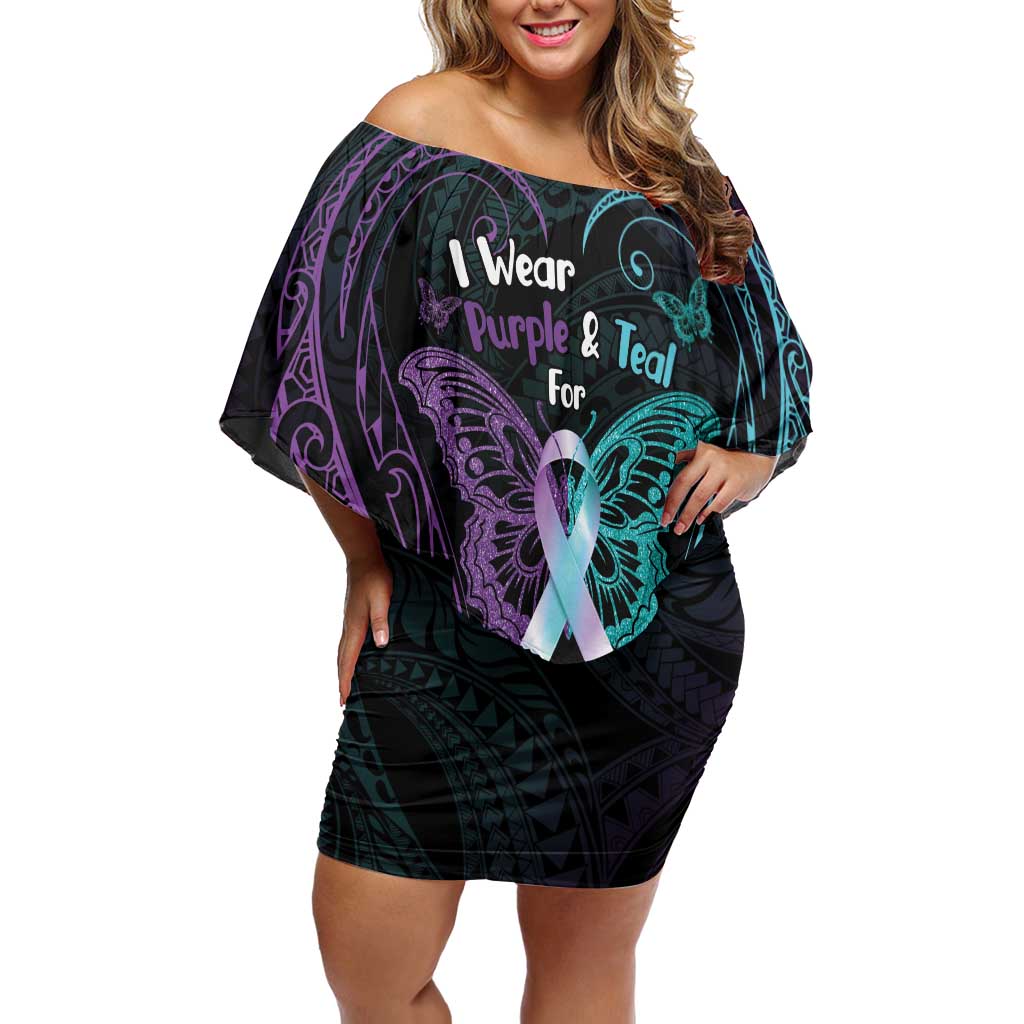 Suicide Awareness Memorial Family Matching Off Shoulder Short Dress and Hawaiian Shirt I Wear Purple and Teal For Someone I Miss - Polynesian Pride