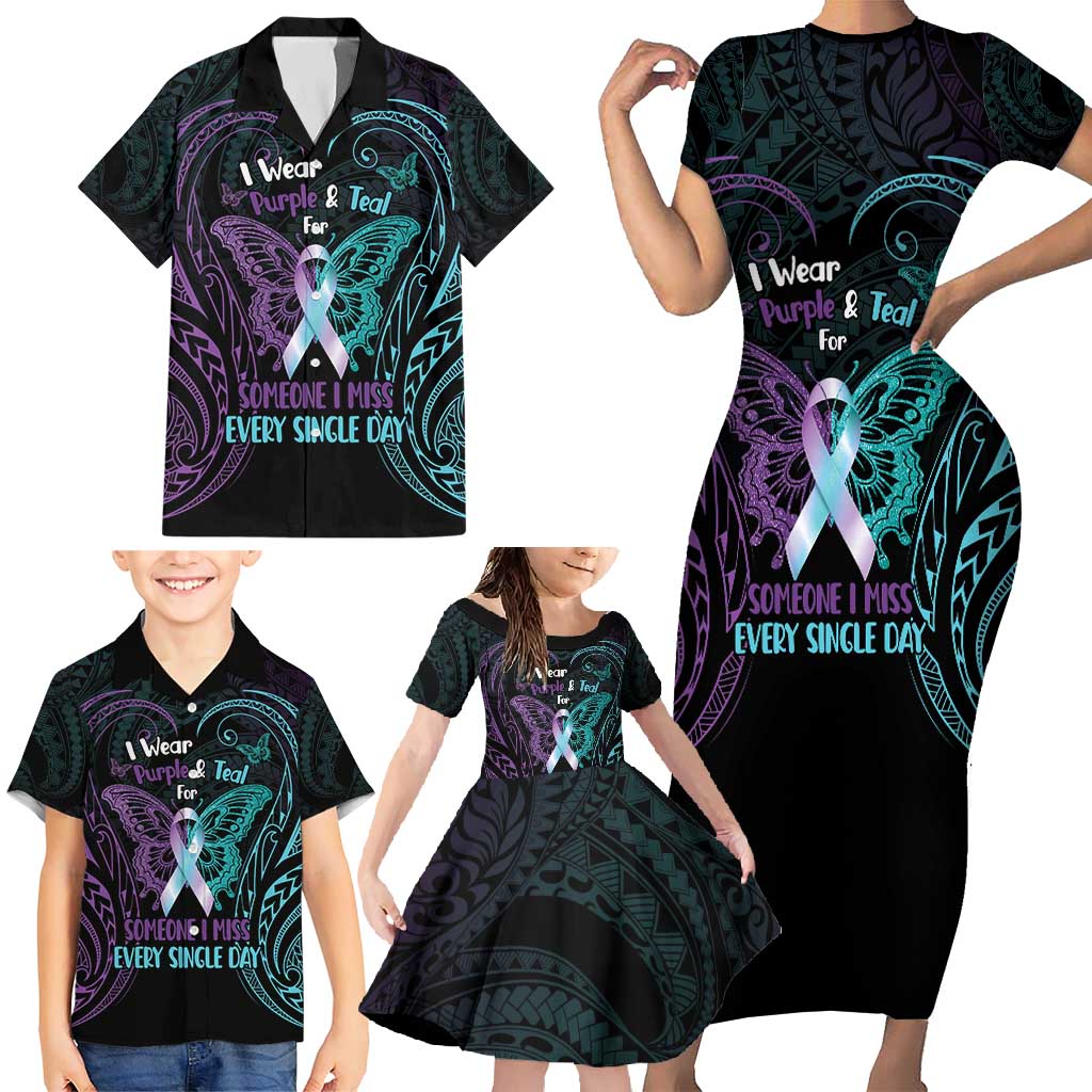 Suicide Awareness Memorial Family Matching Short Sleeve Bodycon Dress and Hawaiian Shirt I Wear Purple and Teal For Someone I Miss - Polynesian Pride