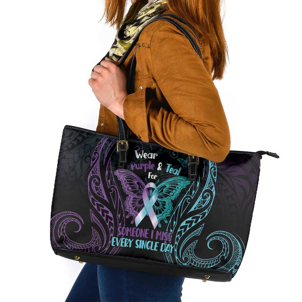 Suicide Awareness Memorial Leather Tote Bag I Wear Purple and Teal For Someone I Miss - Polynesian Pride