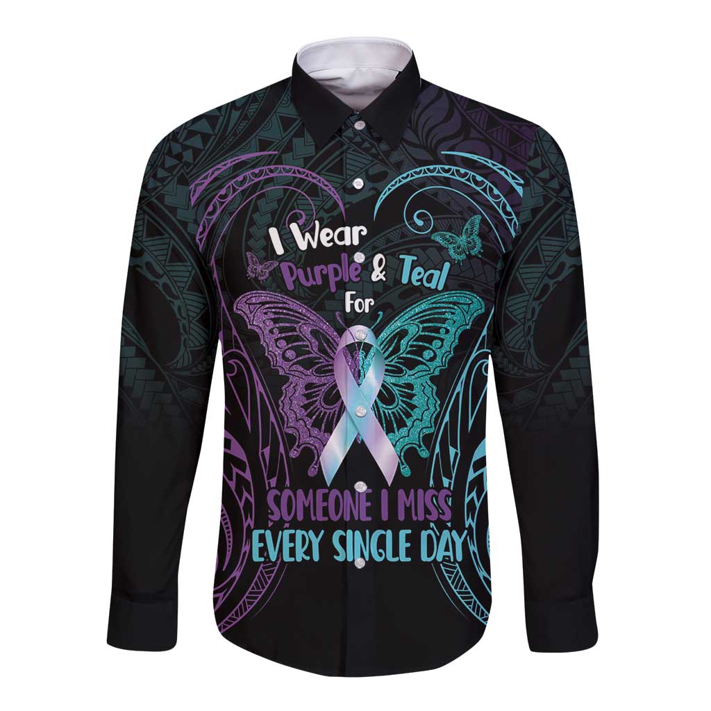 Suicide Awareness Memorial Long Sleeve Button Shirt I Wear Purple and Teal For Someone I Miss - Polynesian Pride