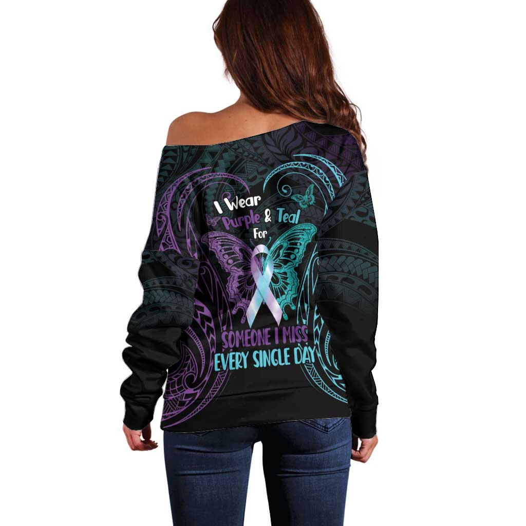 Suicide Awareness Memorial Off Shoulder Sweater I Wear Purple and Teal For Someone I Miss - Polynesian Pride