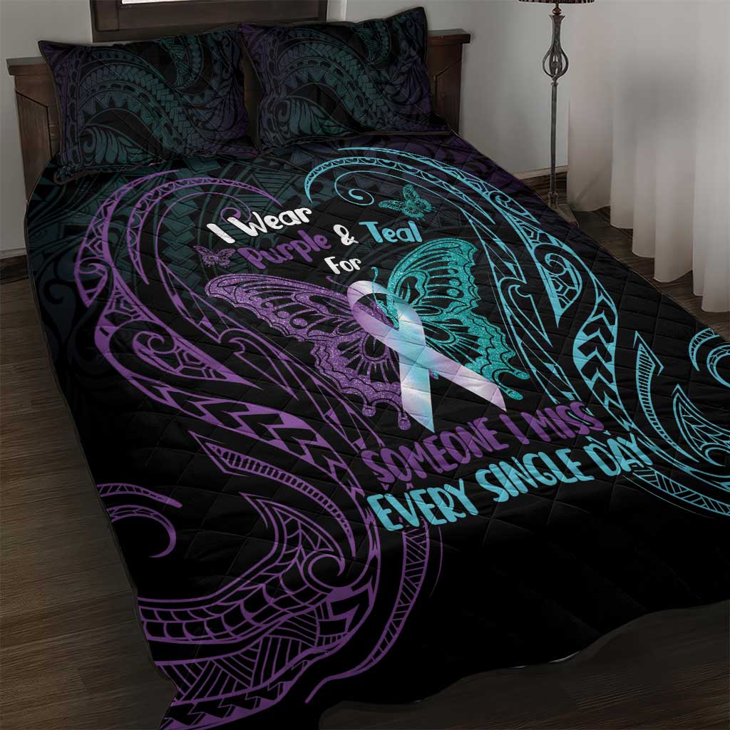 Suicide Awareness Memorial Quilt Bed Set I Wear Purple and Teal For Someone I Miss - Polynesian Pride