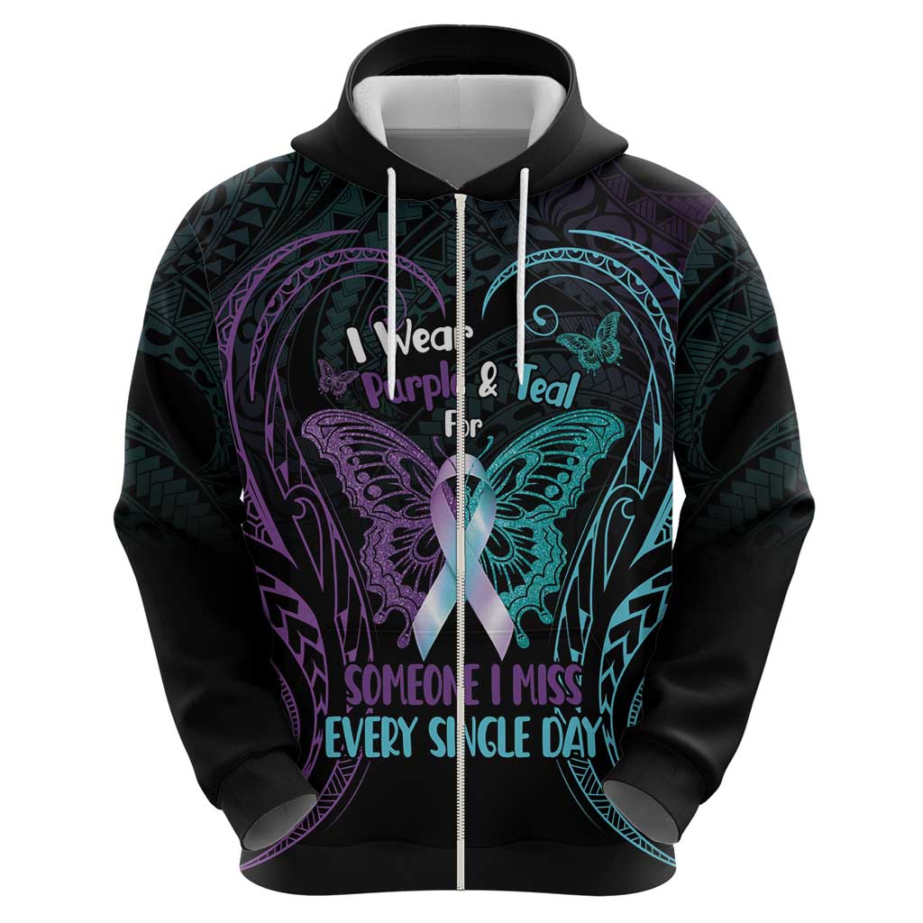 Suicide Awareness Memorial Zip Hoodie I Wear Purple and Teal For Someone I Miss - Polynesian Pride