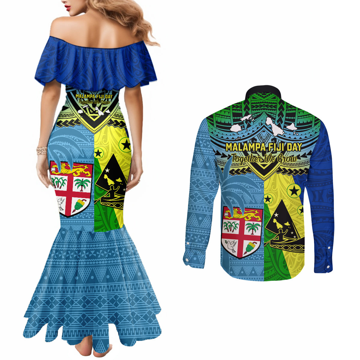 Malampa Fiji Day Couples Matching Mermaid Dress and Long Sleeve Button Shirts Together We Grow Proud Polynesian Tapa Artsy LT14 - Polynesian Pride