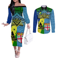 Malampa Fiji Day Couples Matching Off The Shoulder Long Sleeve Dress and Long Sleeve Button Shirts Together We Grow Proud Polynesian Tapa Artsy LT14 Blue - Polynesian Pride